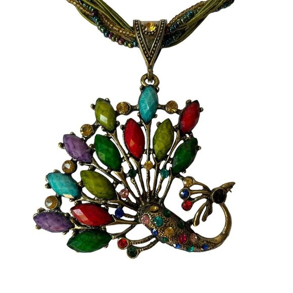 Peacock Faux Crystal Beaded Necklace Statement Fashion Jewelry NWT - Picture 4 of 8